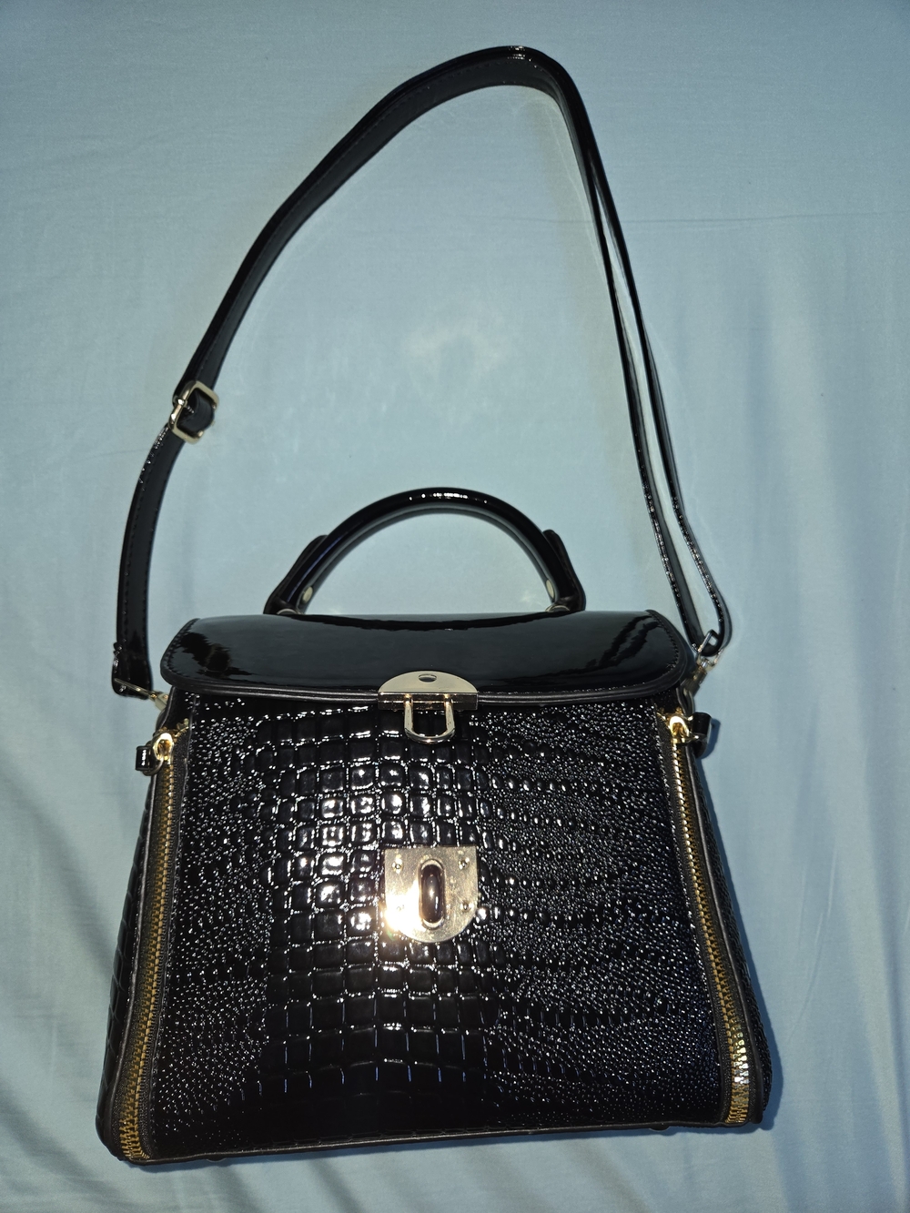 Black Croc-Embossed Structured Satchel Bag with Gold Hardware